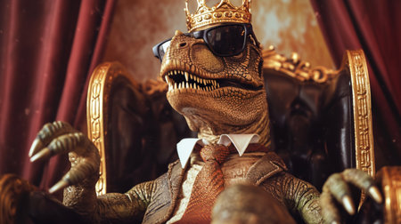 Tyrannosaurus Rex wearing tie with crown and sunglasses sitting on a throne, closeupの素材