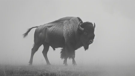 bison walking out of the mist greyscaleの素材
