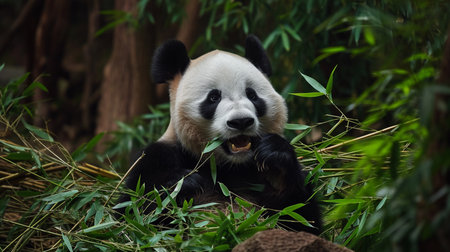 giant panda bear eating bambooの素材