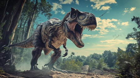 king of dinosaurs, Tyrannosaurus Rex, in a harsh prehistoric worldの素材
