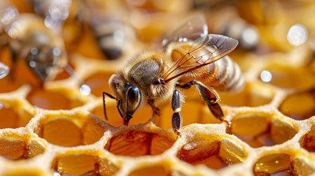 Macro shot of a bee hive on slices of honeycomb with a colony of wild Apisの素材