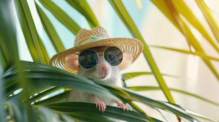 mouse with sunglasses and hat under palm leaf on pastel summer backgroundの素材