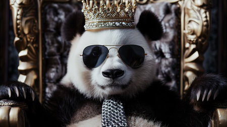 Panda wearing tie with crown and sunglasses sitting on a throne, closeupの素材