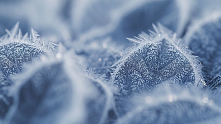 A macro photograph capturing the intricate patterns of frost on a winter morningの素材