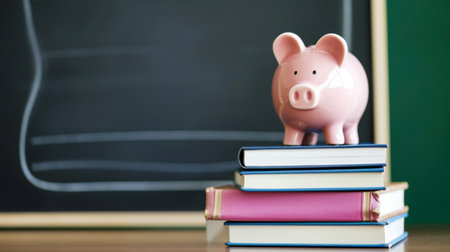 Piggy bank on top of books with blank chalkboardの素材