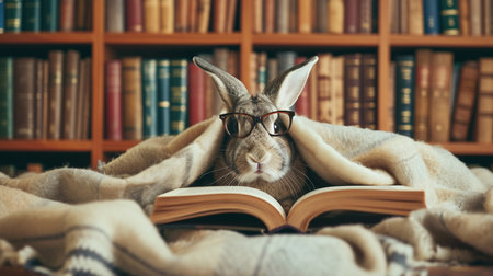 rabbit with a book. A rabbit sheltered in a blanket with a bookの素材