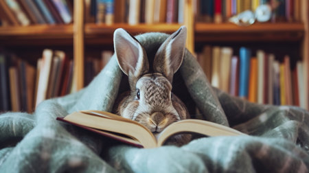 rabbit with a book. A rabbit sheltered in a blanket with a bookの素材