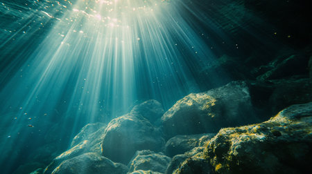 underwater light rays shining through waterの素材