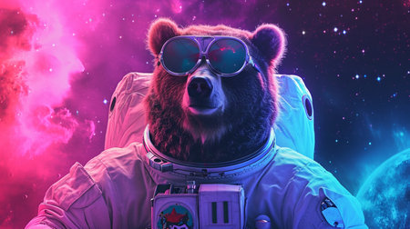 grizzly bear dressed in astronaut suit with sunglasses Magical Galaxy Star backgroundの素材