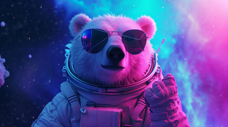 Polar bear dressed in astronaut suit with sunglasses Magical Galaxy Star backgroundの素材