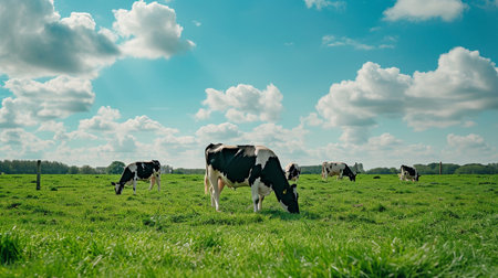 Herd of cows grazing on a farmlandの素材