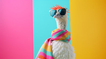 DODO bird sunglasses and scarf in studio with colorful and bright backgroundの素材