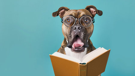 Surprised dog in glasses holding opened book, on pastel backgroundの素材