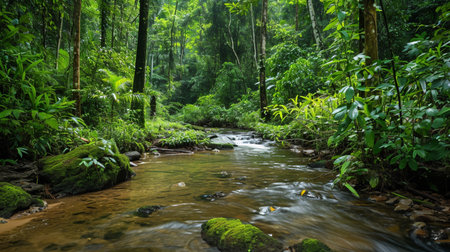 Beautiful view of a stream in the rainforest jungleの素材