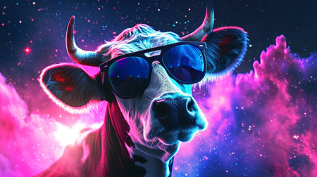 Background cute space A flying cow with sunglasses in Pink and Blue Magical Galaxy Star backgroundの素材