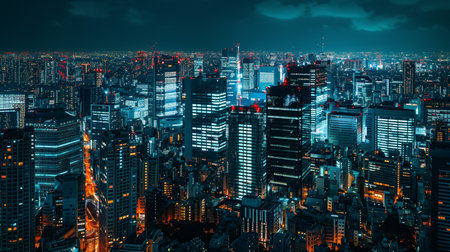 A vibrant cityscape at night, with illuminated skyscrapers creating a dazzling display of lightsの素材