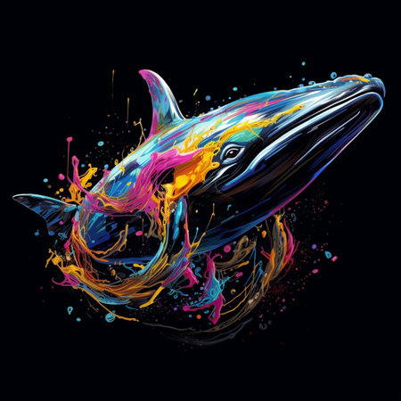 abstract paint whale, surrounded by water splash, black backgroundの素材