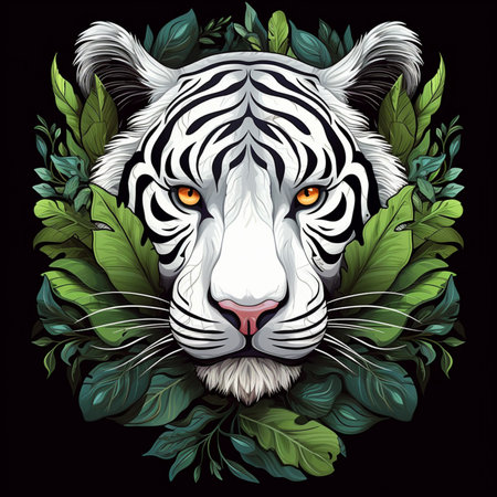 abstract paint white tiger, surrounded by trophical leaf, black backgroundの素材