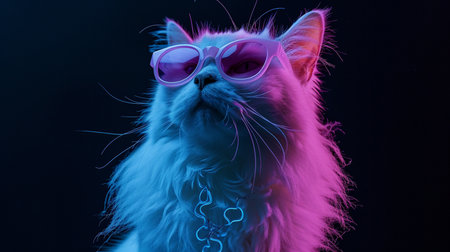 white furry cat in fashion eyeglasses. Studio neon light. Luxurious domestic kitty in glassesの素材