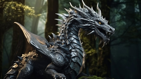 full body potrait of Silver Dragon Dragon surrounded by dark forestの素材