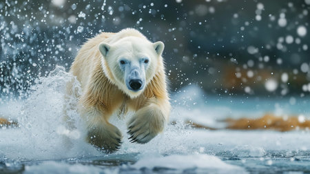 Cute white Polar Bear Hunter on the Ice in water dropsの素材