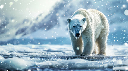 Beautiful white Polar Bear Hunter on the Ice in water dropsの素材