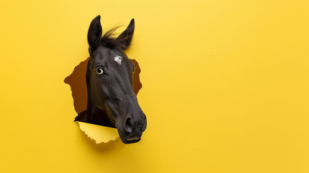 black horse looking up in pastel color paper side torn hole isolatedの素材