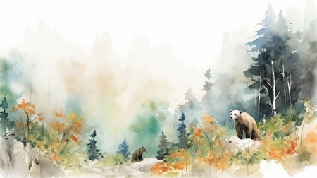 2d abstract water color style of group of bear on the trophical forest suroundedの素材