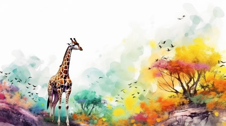2D abstract water color style of giraffe on the trophical forest suroundedの素材