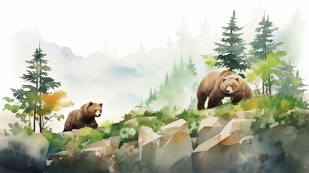 2d abstract water color style of group of bear on the trophical forest suroundedの素材
