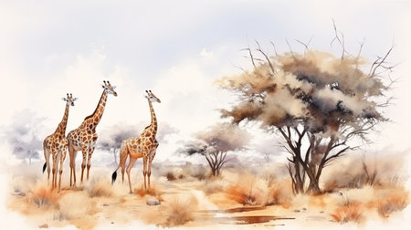 2D abstract water color style of group of giraffes on the savannah suroundedの素材