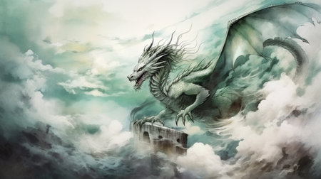 2D water color style of full body portrait of flying Yinglong dragon surroundedの素材