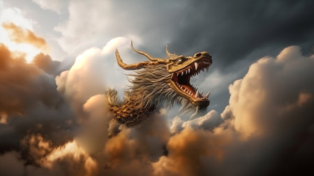 full body potrait of chinesse dragon flying trough the sky surrounded by dark cloudの素材