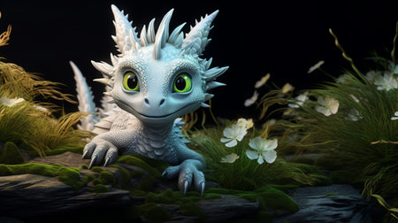 black background. cute baby white dragon with light blue eyes, on the enchanted fairy forestの素材