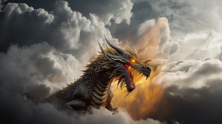 full body potrait of flying Fucanglong dragon surrounded by dark cloudの素材