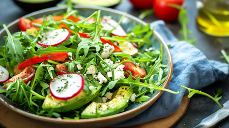 Healthy arugula salad with avocado, radish, bell pepper, tomato and Roquefort cheeseの素材