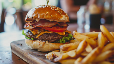 Tasty big burger with chipsの素材