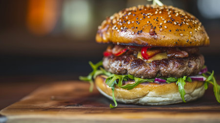 Closeup home made beef burger on wooden tableの素材
