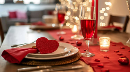 Festive table setting for Valentines Day celebration at homeの素材