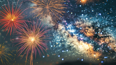 Fireworks with blur milky way backgroundの素材