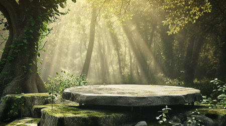 Flat stone podium in the magical forest , empty round stand backgroundの素材