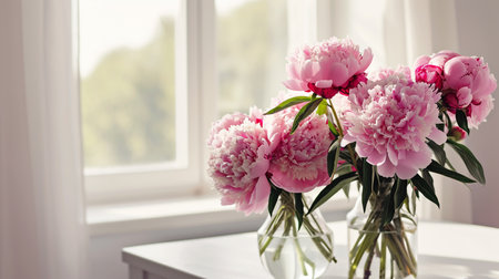 Fresh bouquets of tender pink peonies flowers in vases on white table with a light interiorの素材