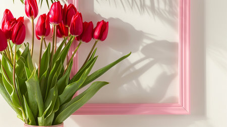 Home interior with decor elements. Mockup with a pink frame, red tulips in a vase on a lightの素材