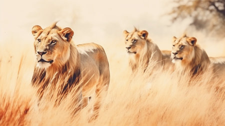 water color style of Group of lions, on the savannahの素材