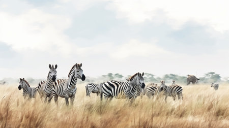 water color style of Group of Zebras on the savannahの素材