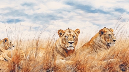 water color style of Group of lions, on the savannahの素材