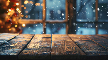 empty rustic wooden table top and blur of room with a christmas decoration backgroundの素材