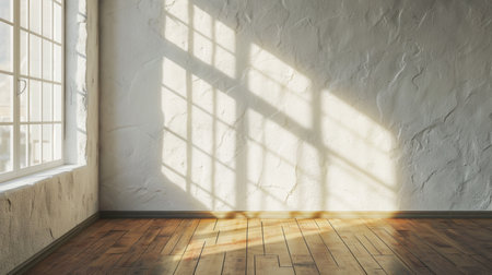 empty room light from exterior and window shadow, white stucco wall and wood floorの素材