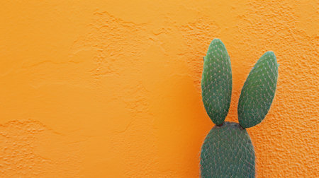Green eared cactus as rabbit with vibrant yellow background.の素材