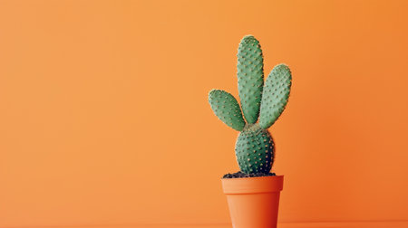 Green eared cactus as rabbit on orange pastel wall backgroundの素材
